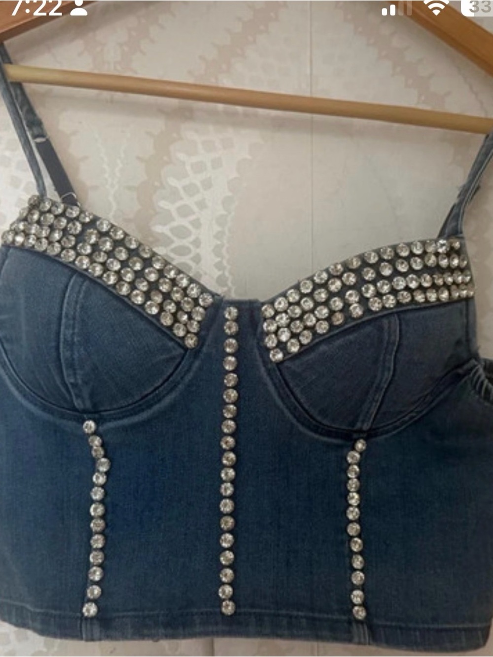 Denim Jeweled Bustier Crop Top - Blue